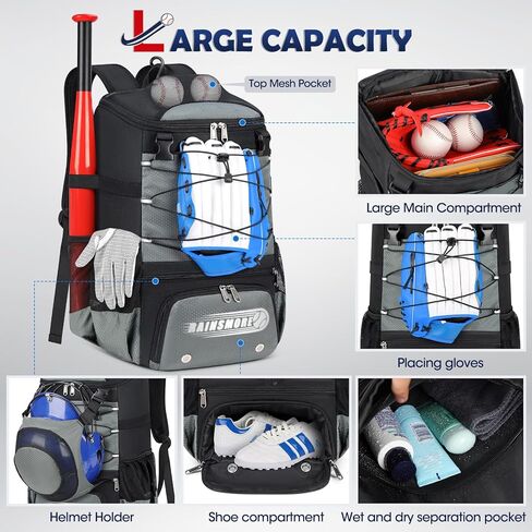 RAINSMORE Baseball Bag for Youth & Adult Lightweight Softball Bat Bag with Shoe Compartment, External Helmet Holder and Fence Hook Waterproof Baseball Backpack Hold T-Ball, Bat and Softball Equipment in Kuwait