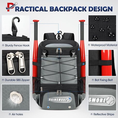 RAINSMORE Baseball Bag for Youth & Adult Lightweight Softball Bat Bag with Shoe Compartment, External Helmet Holder and Fence Hook Waterproof Baseball Backpack Hold T-Ball, Bat and Softball Equipment in Kuwait
