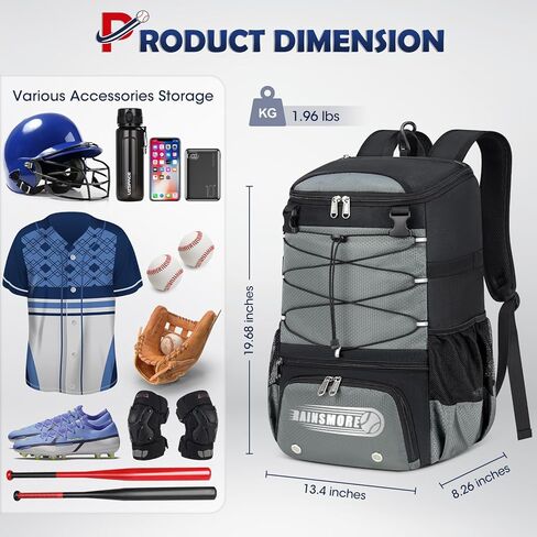 RAINSMORE Baseball Bag for Youth & Adult Lightweight Softball Bat Bag with Shoe Compartment, External Helmet Holder and Fence Hook Waterproof Baseball Backpack Hold T-Ball, Bat and Softball Equipment in Kuwait