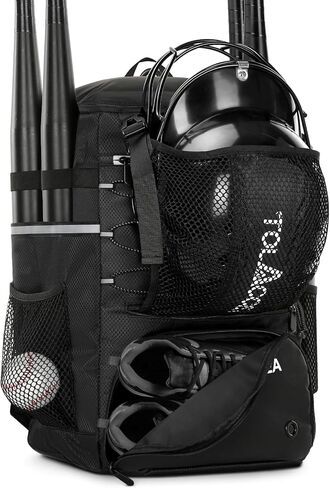 حقيبة ظهر تولاسيا للبيسبول، حقيبة مضرب بيسبول للشباب البالغين، حقائب معدات خفيفة الوزن مع حامل خوذة وحجرة أحذية للبيسبول وكرة تي والكرة اللينة | تحمل 4 مضارب وخوذة وقفاز وأحذية in Kuwait