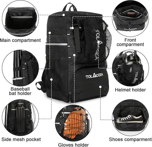 حقيبة ظهر تولاسيا للبيسبول، حقيبة مضرب بيسبول للشباب البالغين، حقائب معدات خفيفة الوزن مع حامل خوذة وحجرة أحذية للبيسبول وكرة تي والكرة اللينة | تحمل 4 مضارب وخوذة وقفاز وأحذية in Kuwait