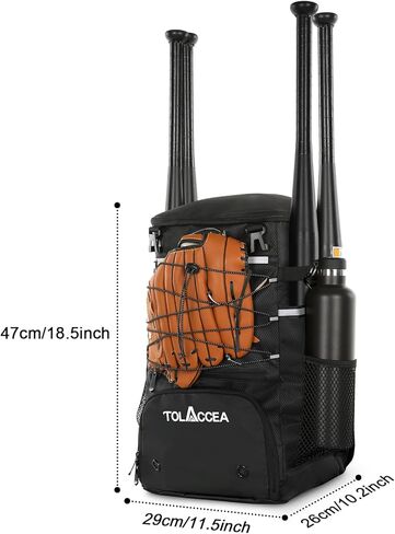 حقيبة ظهر تولاسيا للبيسبول، حقيبة مضرب بيسبول للشباب البالغين، حقائب معدات خفيفة الوزن مع حامل خوذة وحجرة أحذية للبيسبول وكرة تي والكرة اللينة | تحمل 4 مضارب وخوذة وقفاز وأحذية in Kuwait