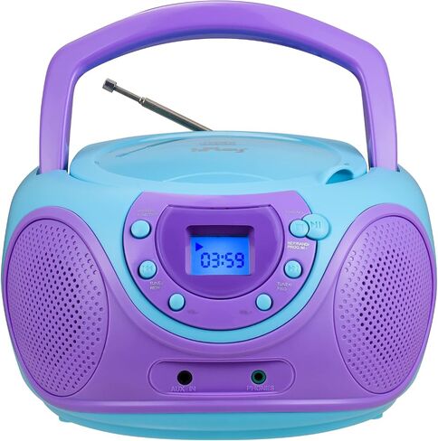 مشغل أقراص مضغوطة محمول Gummy P16 Boombox AM FM راديو ضبط رقمي، مدخل Aux، مقبس سماعة الرأس، مقبض حمل قابل للطي (بنفسجي) in Kuwait