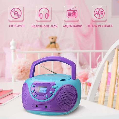 مشغل أقراص مضغوطة محمول Gummy P16 Boombox AM FM راديو ضبط رقمي، مدخل Aux، مقبس سماعة الرأس، مقبض حمل قابل للطي (بنفسجي) in Kuwait