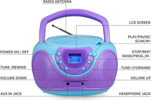 مشغل أقراص مضغوطة محمول Gummy P16 Boombox AM FM راديو ضبط رقمي، مدخل Aux، مقبس سماعة الرأس، مقبض حمل قابل للطي (بنفسجي) in Kuwait