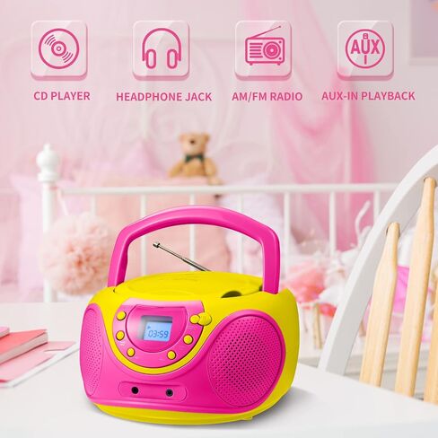 مشغل أقراص مضغوطة محمول Gummy P16 Boombox AM FM راديو ضبط رقمي، مدخل Aux، مقبس سماعة الرأس، مقبض حمل قابل للطي (بنفسجي) in Kuwait