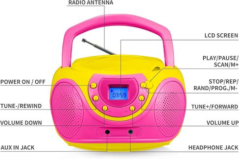مشغل أقراص مضغوطة محمول Gummy P16 Boombox AM FM راديو ضبط رقمي، مدخل Aux، مقبس سماعة الرأس، مقبض حمل قابل للطي (بنفسجي) in Kuwait