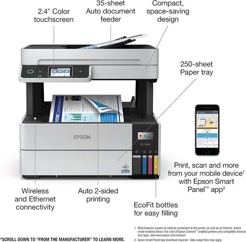 طابعة Epson EcoTank Pro ET-5150 Supertank اللاسلكية الكل في واحد مع ماسح ضوئي وناسخة بالإضافة إلى وحدة تغذية المستندات التلقائية، كبيرة، بيضاء in Kuwait
