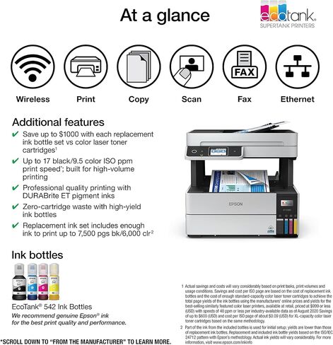 طابعة Epson EcoTank Pro ET-5150 Supertank اللاسلكية الكل في واحد مع ماسح ضوئي وناسخة بالإضافة إلى وحدة تغذية المستندات التلقائية، كبيرة، بيضاء in Kuwait