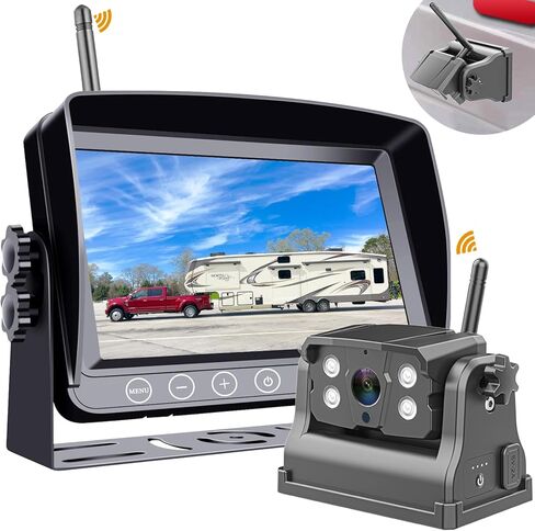 كاميرا احتياطية مغناطيسية لاسلكية من DOUXURY لسيارة RV مقطورة شاحنة تخييم ذات عجلات خامسة قابلة لإعادة الشحن وبطارية مدمجة مقاومة للماء وكاميرا احتياطية للرؤية الليلية مع شاشة 7 بوصة 1080P HD 4 سبليت in Kuwait