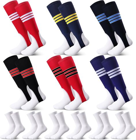 12 زوجًا من مجموعات ركاب البيسبول تتضمن 6 أزواج من ركاب البيسبول و6 أزواج من الجوارب البيضاء تحت الركاب، جوارب صحية، جوارب البيسبول، جوارب رياضية مخططة لكرة القدم للرجال والنساء in Kuwait