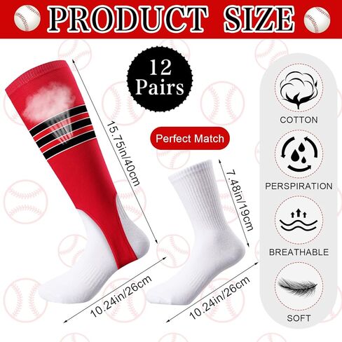 12 زوجًا من مجموعات ركاب البيسبول تتضمن 6 أزواج من ركاب البيسبول و6 أزواج من الجوارب البيضاء تحت الركاب، جوارب صحية، جوارب البيسبول، جوارب رياضية مخططة لكرة القدم للرجال والنساء in Kuwait