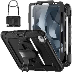 HXCASEAC Case for iPad Air 5th/4th Generation 10.9 inch, Shockproof Design with Pencil Holder/Screen Protector/Hand Strap, Protective Air 5 Case/Air 4 Case (A2588 A2589 A2591 A2316 A2324) - Black
