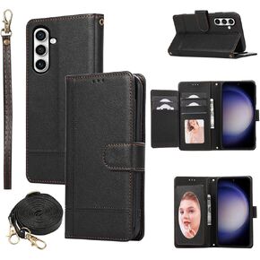 Compatible with Samsung Galaxy S24 Plus S24+ 5G Wallet Case Wrist Strap, Crossbody Strap, Mirror Leather Flip Folio Credit Stand Cell Phone Cover for S24plus 24S + S 24 24+ Women Men Purple