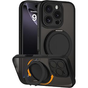 COOLQO Magnetic for iPhone 16 Pro Max Case, [Compatible with MagSafe] with 360 Rotatable Ring Stand Translucent Matte Phone Case for 16 Pro Max, Military Protection Cover for iPhone 16 ProMax, Black