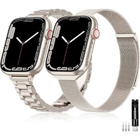 2 Pack Slim Stainless Steel Band & Milanese Mesh Strap Compatible with Apple Watch Band 38mm 40mm 41mm 42mm(s10), Thin Metal Replacement Bands for iWatch Series SE 10 9 8 7 6 5 4 3 2 1