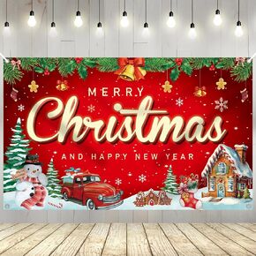 YQUQWN Christmas and New Year Party Backdrop, 72x44 Inch Happy Holidays Banner-Xmas Wall Party Photo Background-Christmas New Year Decorations,for Outdoor Indoor Party,Office, School, Garage Decor