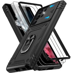 for Samsung Galaxy S22 Ultra Case with Slide Camera Cover & Screen Protector*2, S22 Ultra Case Build in 360° Rotating Ring Kickstand, Military Grade Protective Case for Galaxy S22 Ultra Case, Black