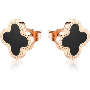 Four Leaf Clover Earrings for Women 18K Rose Gold Plated Stainless Steel Lucky 4 Leaf Ear Studs Jewelry Gift for Mother and Daughter (White & Rose Gold)