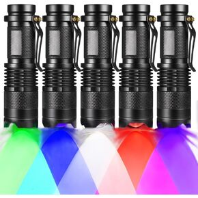 5 Pack Multi-Colored Light Single Mode Flashlight: Red Light Flashlight, Green Light Flashlight, Blue Light Flashlight, Cool White Light Flashlight, UV Light Flashlight for Night Activities