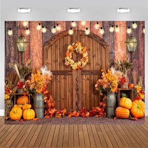 CHAIYA 7x5FT Thanksgiving Photography Backdrop Autumn Pumpkin Harvest Barn Background Thanksgiving Party Banner Rustic Wooden Door Garland Backdrops CY-329