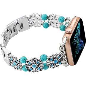 Vintage Metal Elastic Bracelet Compatible with Apple Watch Bands 38mm 40mm 41mm 42mm 44mm 45mm 49mm,Boho Wristband Turquoise Beads Strap for iWatch Series 9 8 7 6 5 4 3 2 1 SE Ultra for Women