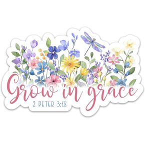 3PCs Grow in Grace Christian Faith Sticker, Wildflowers Bible Verse Vinyl Stickers, Scripture Waterproof Floral Decals for Laptop Water Bottle Tumbler Journal, Religious Jesus Stickers (3 Inches)