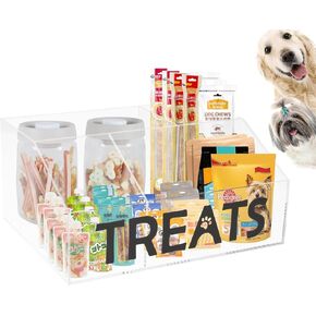 Acrylic Dog Storage Organizer,Dog Treat Station with dividers,Trapezoid Dog Treat Container for Countertop,Cat Treat Storage Bin,Ideal for Dog Cat Bagged Snack or Can Food-Clear