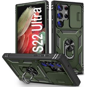 PASNEW for Samsung Galaxy S22 Ultra 5G Case,Camera Cover Slide & 360° Metal Finger Kickstand,Military Heavy Duty Rugged Full Body Shockproof Protective Hard Shell for S22Ultra,6.8 inch,Army Green