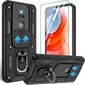 for Moto-G-Play-2021 Case with HD Screen Protector & Slide Camera Cover, with Magnetic Kickstand Ring,Heavy Duty Shockproof Cases for Motorola Moto G Play 2021, Black