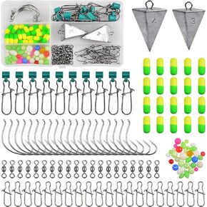 132Pcs Surf Fishing Tackle Kit Saltwater Surf Fishing Rigs Making Set Pompano Rig Floats Pyramid Sinkers Swivels Hokks for Bass Beach Ocean Fishing Gear Accessories