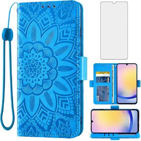 Asuwish Phone Case for Samsung Galaxy A25 5G/A24 4G/M34 /F34 with Tempered Glass Screen Protector and Flower Leather Wallet Flip Cover Credit Card Holder Cell Accessories A 25 25A 24A LTE Women Red