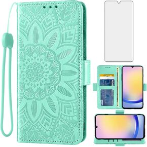 Asuwish Phone Case for Samsung Galaxy A25 5G/A24 4G/M34 /F34 with Tempered Glass Screen Protector and Flower Leather Wallet Flip Cover Credit Card Holder Cell Accessories A 25 25A 24A LTE Women Red in Kuwait