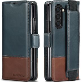 KEZiHOME for Samsung Galaxy Z Fold 5 Case, Genuine Leather Wallet Case [RFID Blocking] with Card Holder Stand Shockproof Flip Protective Phone Cover Compatible with Galaxy Z Fold 5 (Khaki)