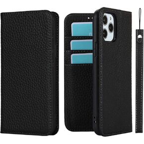 iCoverCase Compatible with iPhone 11 Pro Max Wallet Case, RFID Blocking Genuine Leather Magnetic Case with Wrist Strap and Card Slots Kickstand Feature Flip Cover 6.5 Inch (Black)