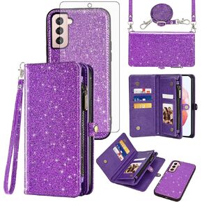 Asuwish Phone Case for Samsung Galaxy S21 5G 6.2 inch Zipper Wallet Detachable Cell Cover with Tempered Glass Screen Protector Lanyard Wrist Strap Flip Credit Card Holder S 21 21S G5 Women Rosegold