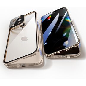 Anti Peeping Case for iPhone 16 Pro Max, Anti SPY Screen, Anti Peep Magnetic Adsorption Metal Bumper with Lens Protector 360 Degree Protection Front Privacy Tempered Glass Back Clear Cover (Gold)