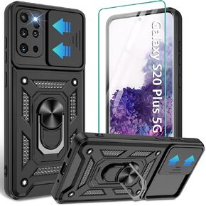 Compatible with Samsung Galaxy S20 Plus Case,Samsung S20 Plus Case with HD Screen Protector with Slide Camera Cover, 360°Rotation Ring Kickstand [Military Grade] Case for Galaxy S20+ Plus,Black