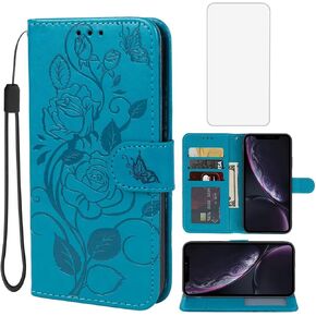 Case for iPhone XR Wallet Case with Tempered Glass Screen Protector, Flower Leather Flip Credit Card Holder Stand Phone Cover Cases for iPhone XR Purple