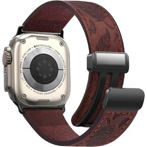 NPET Genuine Leather Watch Band with Western Engraved Feather Pattern and Magnetic Buckle - Compatible with Watch Ultra SE2 SE Series 8 7 6 5 4 3 2 1