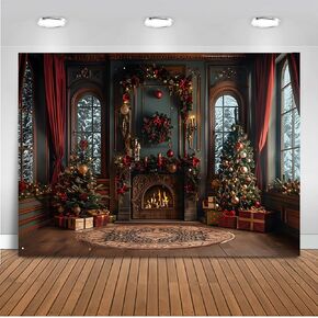 Mocsicka Red Christmas Window Backdrop for Photography Christmas Trees and Fireplace Winter Wonderland Snow Scene Xmas Family Holiday Party Decorations Photography Background (7x5ft)