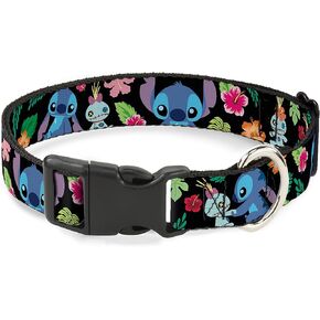 Disney Pet Collar, Dog Collar Plastic Buckle, Stitch Scrump Poses Tropical Flora, 11 to 16.5 Inches 1.0 Inch Wide