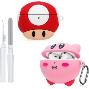 2 Pack Cute Case for AirPods 4th Generation Case, Anime Funny Soft Silicone Case with Cleaning Kit & Keychain, Shockproof Protective Cover for Kids Women, for Apple AirPods 4 Case 2024, Pink & Red