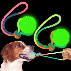 2 Pcs Dog Training Ball on Rope Glow in The Dark Ball 2.36 Inch Toys with 12 Inch Rope for Small Large Medium Dogs Glowing Interactive Pull Reward Fetch Exercise Toy