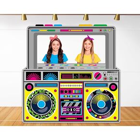 Radio Boombox Photo Booth Props for 90s 80s Party Decorations 59 X 59 Inch, Retro Fabric Radio Boombox Selfie Backdrop Hanging Banner for Hip Hop Music Theme Birthday Decorations 1980s Party Supplies