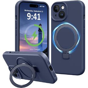 Compatible with iPhone 15 Case Stand, Slim Full Camera Protection Liquid Silicone Phone Case Suitable for iPhone 15 Compatible with MagSafe Magnetic Ring Kickstand Stand Case, Dark Blue