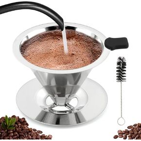 Pour Over Coffee Dripper, Paperless Reusable Coffee Filter, Stainless Steel Double Mesh Design of Manual Reusable Cone Filter, with Base and Cleaning Brush (2-3 Cup)
