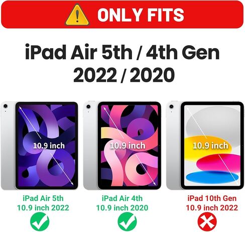 HXCASEAC Case for iPad Air 5th/4th Generation 10.9 inch, Shockproof Design with Pencil Holder/Screen Protector/Hand Strap, Protective Air 5 Case/Air 4 Case (A2588 A2589 A2591 A2316 A2324) - Black in Saudi Arabia
