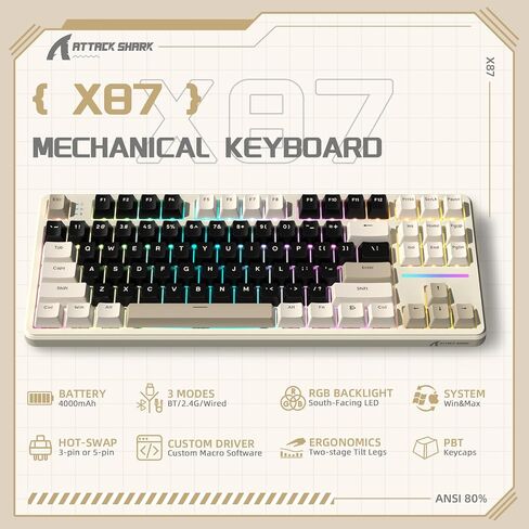 ATTACK SHARK X87 Wireless Mechanical Gaming Keyboard, Tri-Mode BT5.0/2.4GHz/USB-C Gasket Hot Swappable Custom Keyboard, Pre-lubed Strawberry Switches, 75% TKL RGB Backlit Keyboard-Star Black in Saudi Arabia