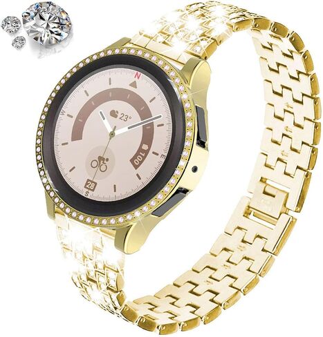 أساور متوافقة مع ساعة Samsung Galaxy Watch 7/6 / 5/4 / FE 40 مم / 44 مم / 5 Pro 45 مم، 20 مم حزام معدني من حجر الراين الماسي مع غطاء حماية وسوار بديل للنساء والرجال in Kuwait